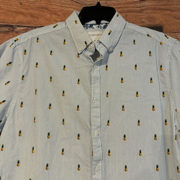 Denim & Flower Ricky Singh Mens L Pineapple Pinstripe Button Down Shirt Casual - Picture 2 of 6